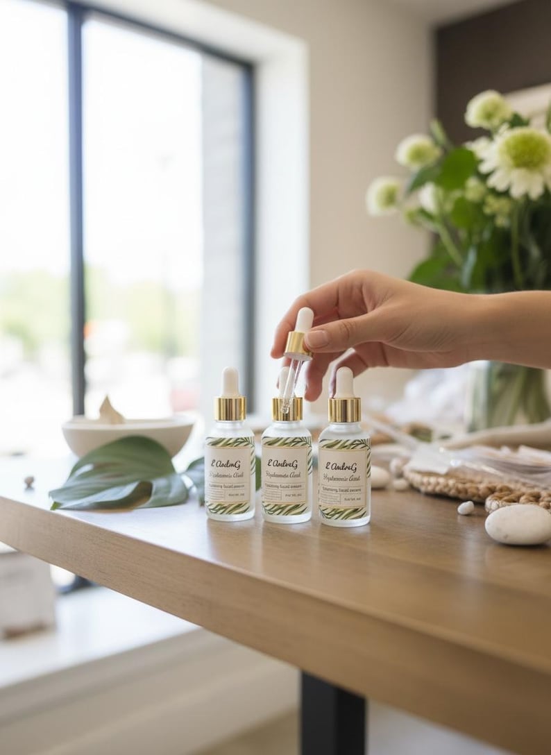 May include: Three clear glass bottles with gold-colored droppers and lids are arranged on a wooden table. Each bottle has a white label with green leaf designs and the text "E. AndreG Hyaluronic Acid". A hand holds one dropper.