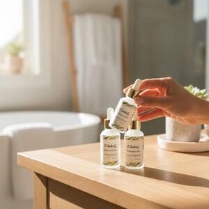 May include: Three white and gold skincare bottles with dropper tops are arranged on a wooden table. The bottles have labels with text and a leaf design. One bottle is being held by a hand. The background includes a bathroom setting.