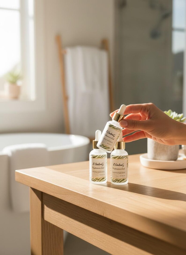 May include: Three white and gold skincare bottles with dropper tops are arranged on a wooden table. The bottles have labels with text and a leaf design. One bottle is being held by a hand. The background includes a bathroom setting.