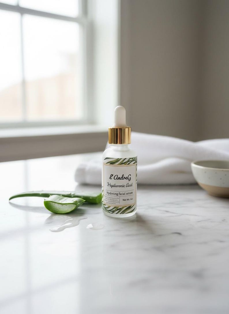 May include: A clear glass bottle of L'AndreG Hyaluronic Acid Hydrating facial serum with a gold-colored cap and white dropper. The label has green leaf accents. A sliced aloe vera leaf and water droplets are next to the bottle. The background includes a white towel and a small bowl.