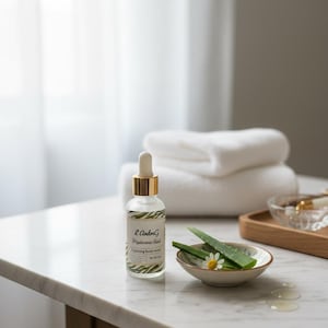 May include: A clear glass bottle with a gold dropper and label reading "L'AndreG Hyaluronic Acid". The bottle sits on a marble surface next to a small bowl with aloe vera and a daisy. White towels are stacked in the background.