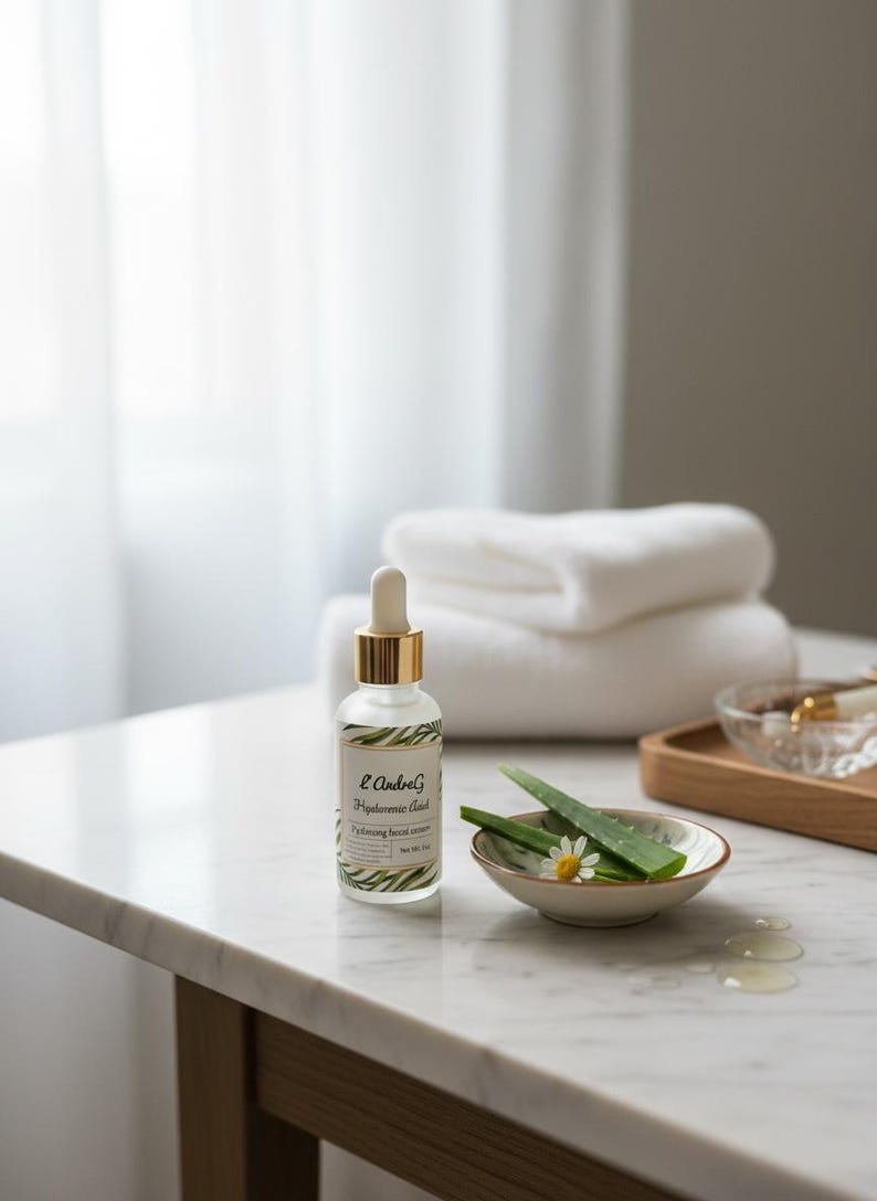 May include: A clear glass bottle with a gold dropper and label reading "L'AndreG Hyaluronic Acid". The bottle sits on a marble surface next to a small bowl with aloe vera and a daisy. White towels are stacked in the background.