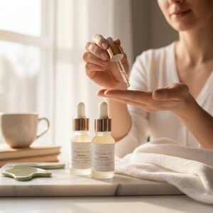 May include: Two skincare serum bottles with gold-colored caps and white labels are displayed on a marble surface. A person is holding a dropper above their hand. A small succulent plant in a white pot and a cup are also visible.