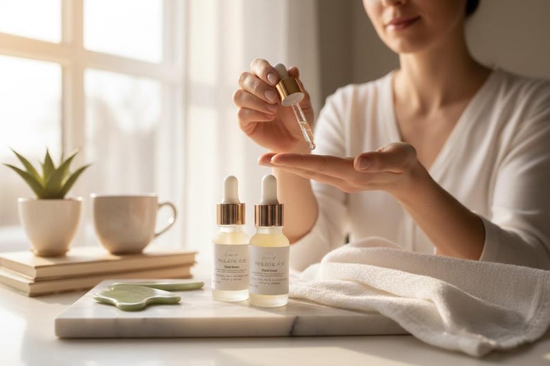 May include: Two skincare serum bottles with gold-colored caps and white labels are displayed on a marble surface. A person is holding a dropper above their hand. A small succulent plant in a white pot and a cup are also visible.