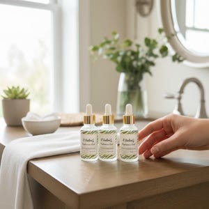 May include: Three glass bottles with gold-colored droppers are arranged on a wooden table. Each bottle has a white label with green leaf accents and the text "L'Ambre G Brightening Facial Serum". A hand reaches towards the bottles.