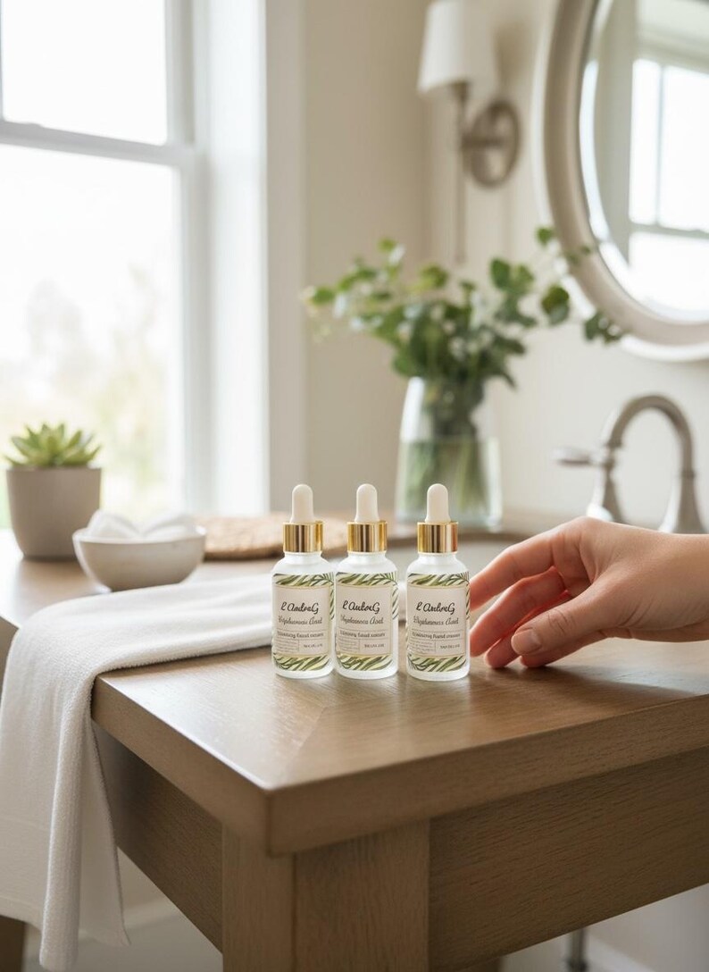 May include: Three glass bottles with gold-colored droppers are arranged on a wooden table. Each bottle has a white label with green leaf accents and the text "L'Ambre G Brightening Facial Serum". A hand reaches towards the bottles.