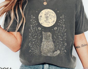 Celestial Cat Moon T-Shirt, Cottagecore Boho Night Sky Tee
