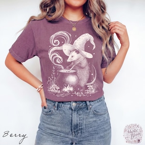 May include: A berry-colored short-sleeve t-shirt featuring a white graphic print of an opossum wearing a wizard hat and stirring a bubbling cauldron. The design includes swirling smoke, small mushrooms, and stars, set against a solid fabric.