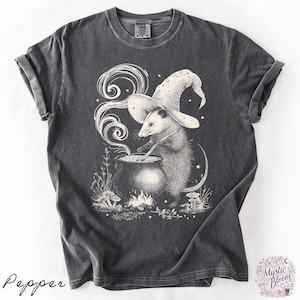 May include: A charcoal gray short-sleeve t-shirt featuring a white graphic illustration of an opossum wearing a wizard hat and stirring a bubbling cauldron over a small fire, surrounded by swirling smoke, stars, and small mushrooms.