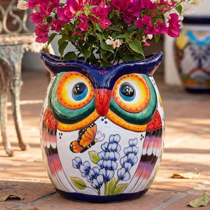Hand Painted Mexican Talavera Owl Planter Pot, Large, Cobalt Blue Rim, Blue Bonnet Meadow