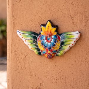 Hand Painted Mexican Talavera Winged Sacred Heart Wall Decor, Small, Green Gradient Wings