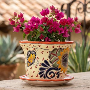 Hand Painted Mexican Talavera Scalloped Planter Pot with Saucer, Butterflies and Sunflowers, Cream & Orange