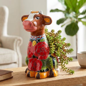 Hand Painted Mexican Talavera Sitting Cow Planter Pot, Chestnut Brown & Off White, Roses