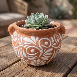 Hand Painted Mexican Talavera Planter Pot with Handles, Tabletop Small, Brown & White, Signature Floral