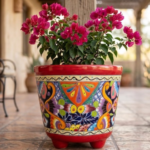 Hand Painted Mexican Talavera Molcajete-Inspired Planter Pot, Large, Red Rim, Multicolor