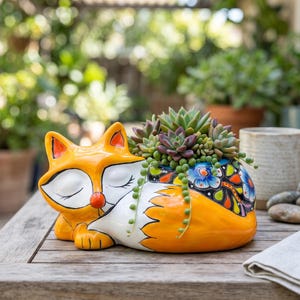 Hand Painted Mexican Talavera Fox Planter Pot, Golden Yellow, Multicolor on Black