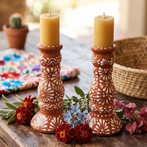 Hand Painted Mexican Talavera Candlestick Holder, Brown & White, Cielito Lindo – Set of 2