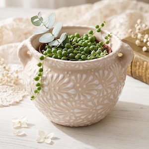 Hand Painted Mexican Talavera Planter Pot with Handles, Tabletop Small, Ivory & White, Cielito Lindo