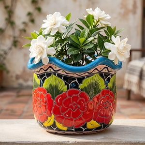 Hand Painted Mexican Talavera Scalloped Rim Planter Pot, Tabletop Large, Cerulean Blue Rim, Roses