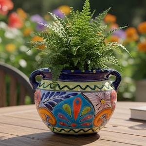 Hand Painted Mexican Talavera Planter Pot with Handles, Tabletop Small, Cobalt Blue & Yellow Dots Rim