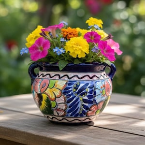 Hand Painted Mexican Talavera Planter Pot with Handles, Tabletop Small, Cobalt Blue & Orange Dots Rim