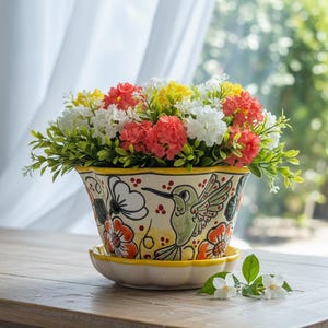 Hand Painted Mexican Talavera Flared Scalloped Planter Pot with Saucer, Hummingbirds & Flowers, Cream