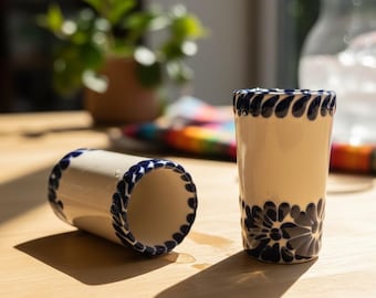 Hand Painted Mexican Talavera Shot Glass “Tequilero”, Ivory Cream & Cobalt, Cielito Lindo – Assorted Quantities