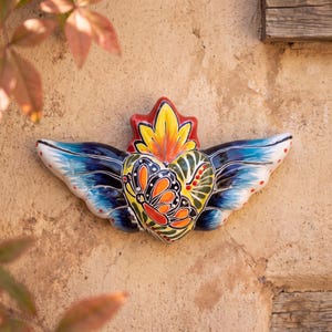Hand Painted Mexican Talavera Winged Sacred Heart Wall Decor, Small, Blue Gradient Wings