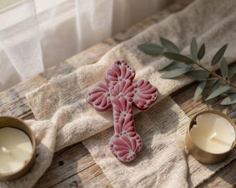 Hand Painted Traditional White and Pink Talavera Cross Wall Decor