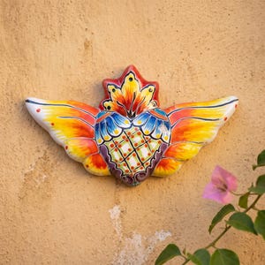 Hand Painted Mexican Talavera Winged Sacred Heart Wall Decor, Small, Orange Gradient Wings