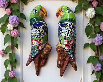 Hand Painted Talavera Love Birds Parrots Garden Wall Decor – Set of 2