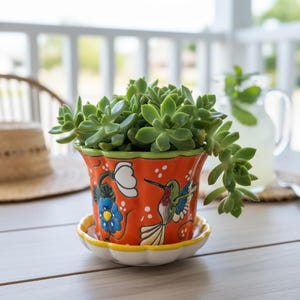 Hand Painted Mexican Talavera Scalloped Planter Pot with Saucer, Small, Hummingbirds & Flowers, Orange