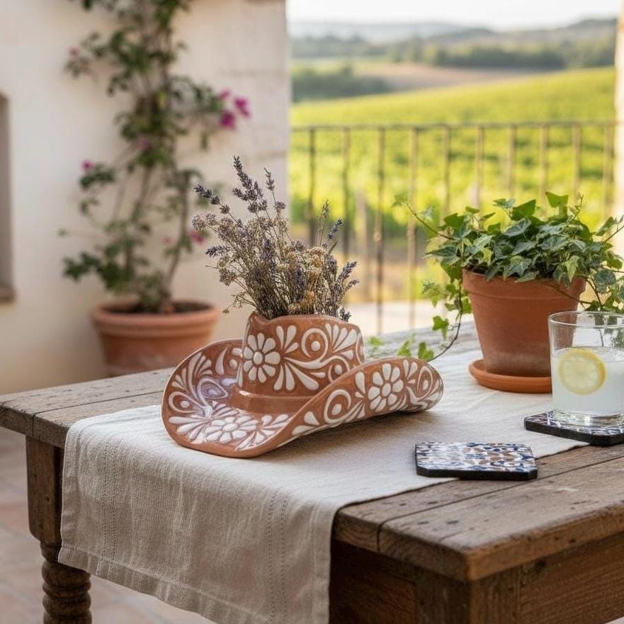 Handpainted Talavera Rustic Cowboy Hat Planter Pot, Brown & White
