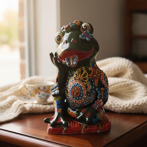 手描きのメキシコ製タラベラ焼き、葉っぱの上で夢想するカエルの民芸品、花冠付き、ハンターグリーン