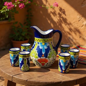 Beautiful Hand Painted Dark Blue & Multicolor Floral Talavera Pitcher and 6 Cups Set