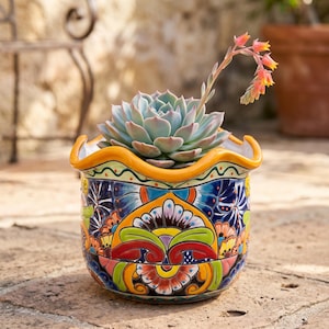 Hand Painted Mexican Talavera Scalloped Rim Planter Pot, Tabletop Large, Golden Yellow Rim, Multicolor