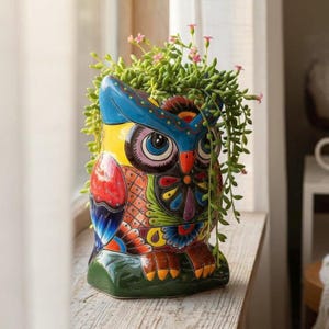 Hand Painted Mexican Talavera Colorful Owl Planter Pot, Cyan Eyebrow