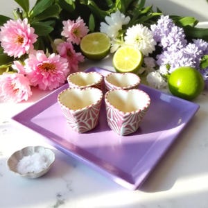 Hand Painted Talavera Ivory and Lilac Heart Shot Glass “Tequilero” – Assorted Quantities