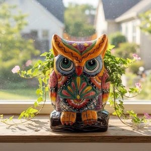 Hand Painted Mexican Talavera Colorful Folkart Owl Planter Pot, Tangerine Orange Eyebrow