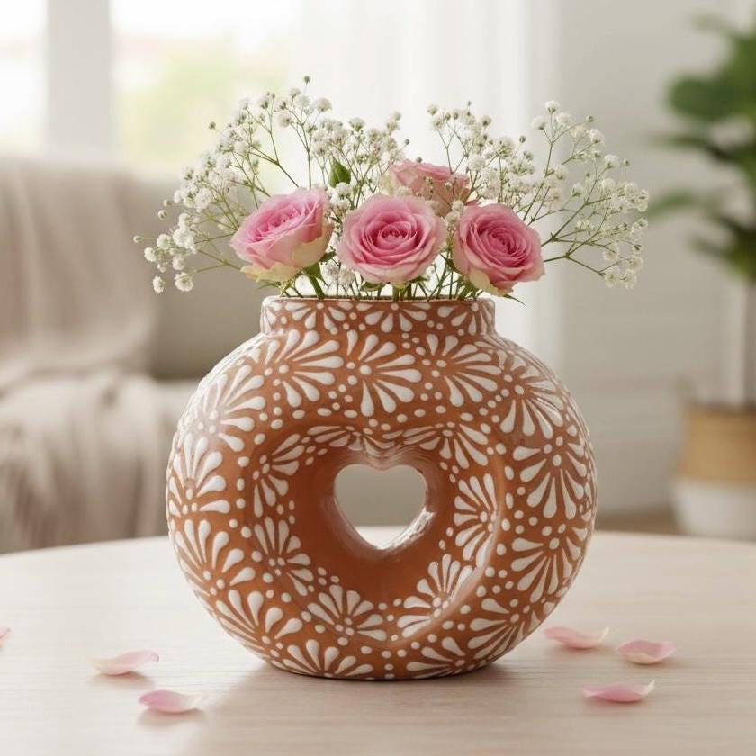 Hand Painted Mexican Talavera Heart Donut Vase, Brown & White