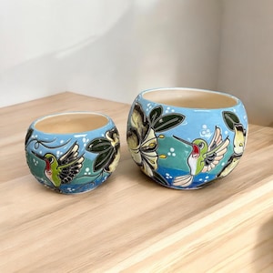 Hand Painted Talavera Hummingbird Round Bowl Planter Pot – Assorted Sizes