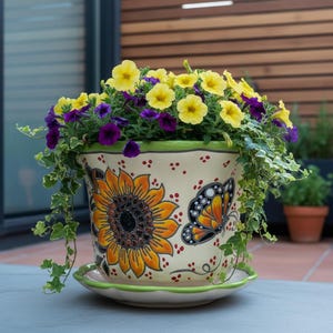 Hand Painted Mexican Talavera Scalloped Planter Pot with Saucer, Butterflies and Sunflowers, Cream & Lime Green