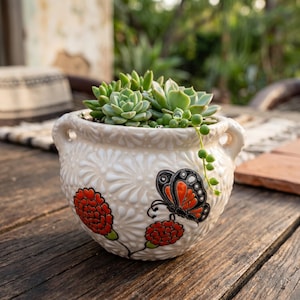 Hand Painted Mexican Talavera Planter Pot with Handles, Tabletop Small, Ivory & White, Cielito Lindo, Butterflies and Marigolds