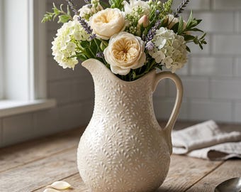 Hand Painted Mexican Talavera Pitcher, Ivory Cream & White, Cielito Lindo