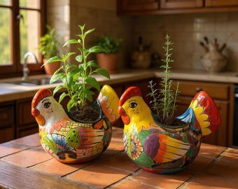 Beautiful Hand Painted Mexican Talavera Chicken Hen Planter Pot (Varying Design)