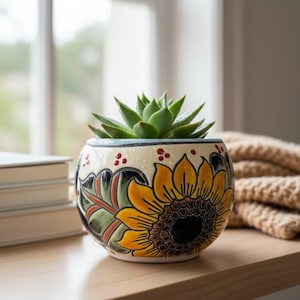 Hand Painted Mexican Talavera Round Planter Pot, Mini, Butterflies & Sunflowers on Cream