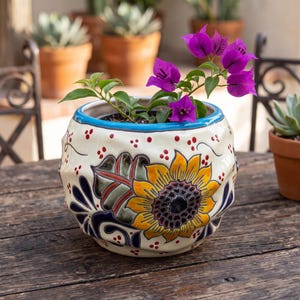 Hand Painted Mexican Talavera Wavy Planter Pot, Tabletop Medium, Cream & Blue Rim, Sunflowers and Butterflies