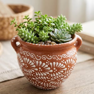 Hand Painted Mexican Talavera Planter Pot with Handles, Tabletop Medium, Brown & White, Cielito Lindo