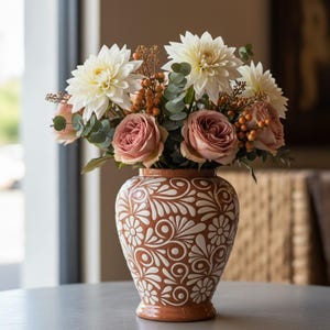 Hand Painted Mexican Talavera Amphora Vase with Lid, Brown & White, Signature Floral