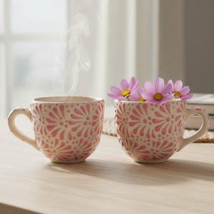 Hand Painted Mexican Talavera Medium Mug, Ivory Cream and Pink, Cielito Lindo – Set of 2